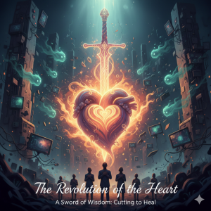 A surreal digital artwork featuring a glowing, fiery heart at the center, pierced by a luminous sword of light. In the background, dark, crumbling monoliths and distorted TV screens represent a collapsing system, while small, spectral figures float away. At the bottom, a group of people stand in quiet, centered presence.